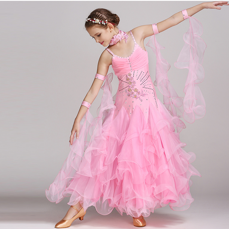 Children Kids Girls Pink White Tango Ballroom Viennese Waltz Dress Waltz Dance Costumes