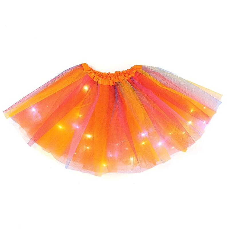 Meisje Gelaagde Regenboog Tutu Rokken Prinses Led Licht Dansen Ballet Tule Rok D5QA: Orange