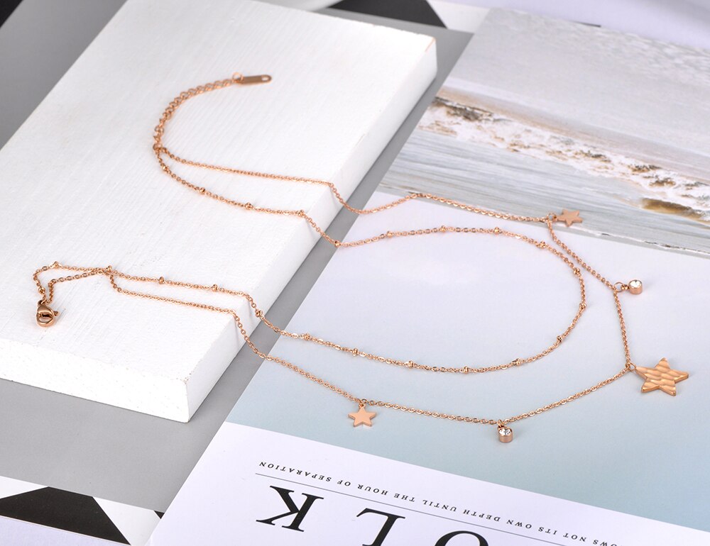 Lokaer Original Double Layer Star Pendant Necklace For Women Stainless Steel CZ Crystal Chain Choker Necklace N20130