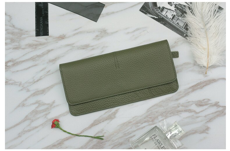 Ladies simple flat card holder wallet Genuine Cow Leather long wallet for women Simple classic couple Leather Wallet: Green Long