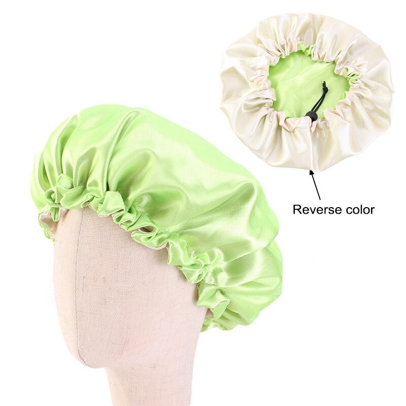 Adjustable Baby Hair Caps Silky Satin Bonnet Double Layer Sleep Cap Night Turban Children Solid Headwear Cute Hat Hair Wear: Light Green