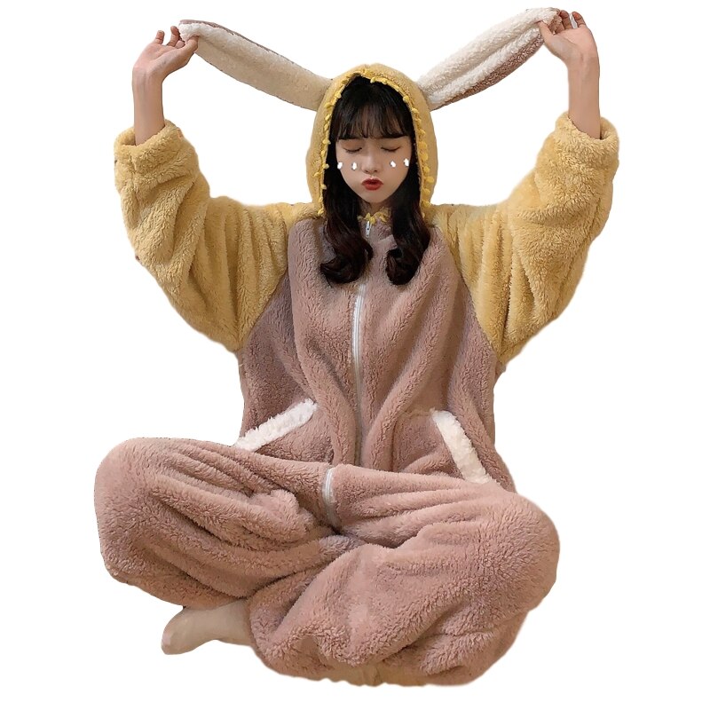 Inverno quente adulto onesie pijamas mulheres kawaii coelho animal flanela cosplay traje adolescente meninas lolita rosa pelúcia fofo pijamas: Default Title