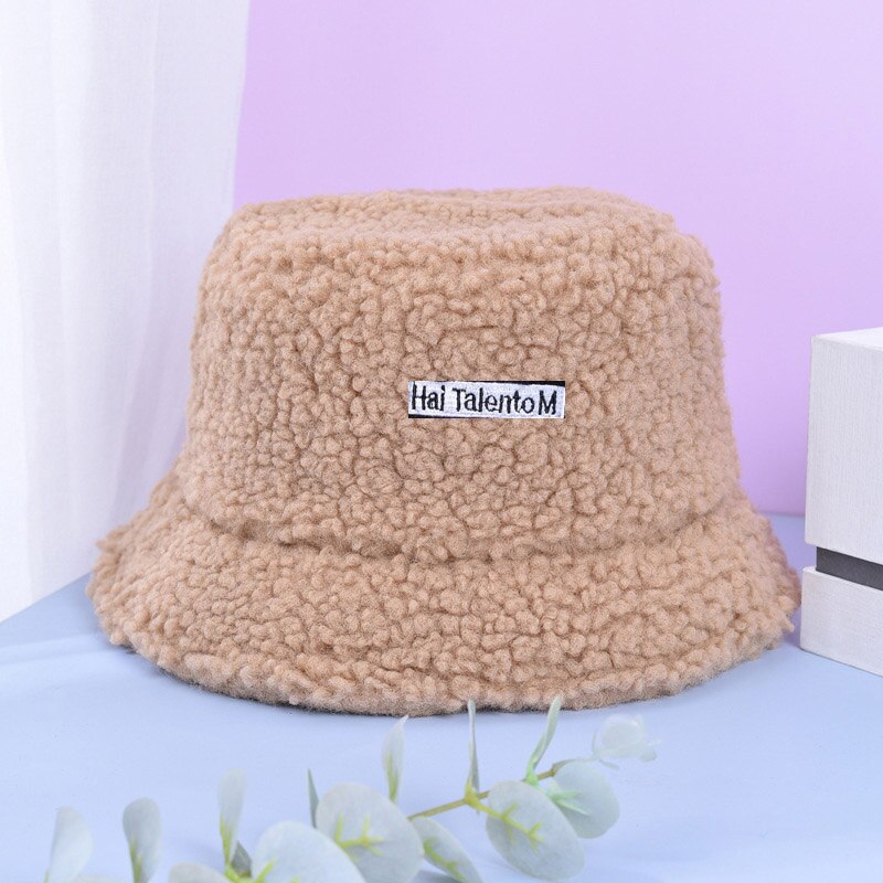 Winter Autumn Thick Warm Soft Lamb Wool Women Bucket Hat Solid Color Female Ladies Flat Top Hat Beanie Bonnet: khaki