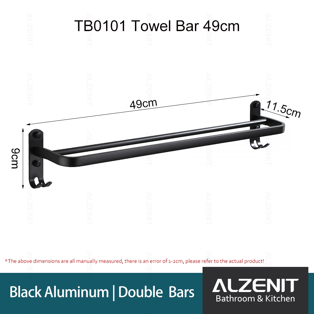 Handdoek Bar 40-60Cm Dubbele Stang Rail Rack Met Haak Wall Mount Holder Badkamer Accessoires Matte Zwarte Douche hanger Aluminium Plank: TB-01-49-2B