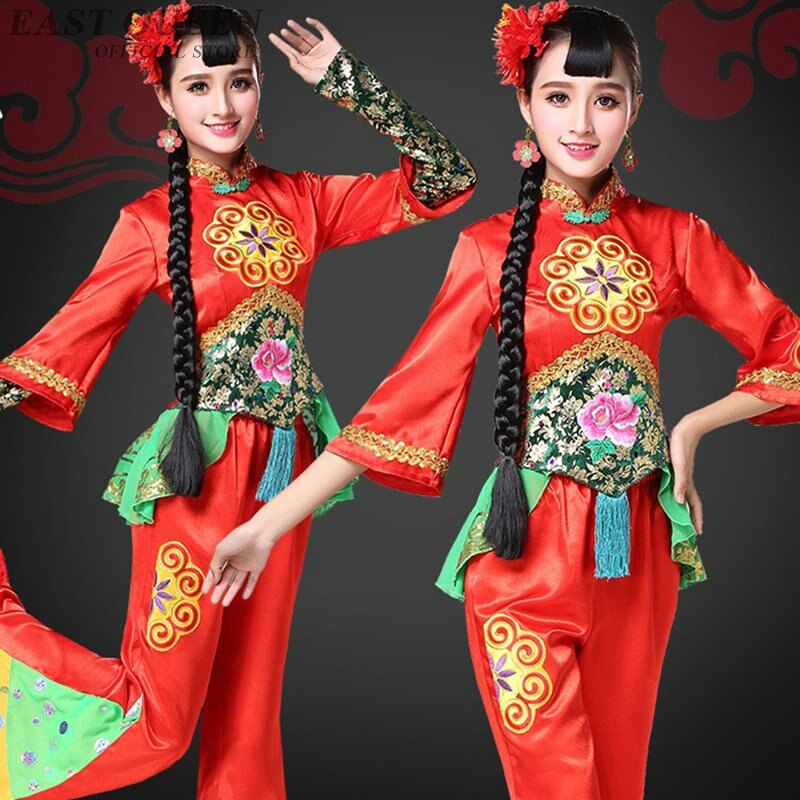 folklórico de China danza Yangko Coustume danza chino Año Festival Hanfu rojo Fan baile con tambores desgaste 3XL 4XL 5XL FF035 YQ