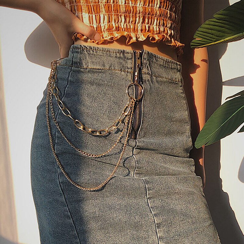 Punk hip hop na moda única ou três camadas cinto de corrente chave da cintura calças de brim da mulher dos homens longo metal vestuário acessórios