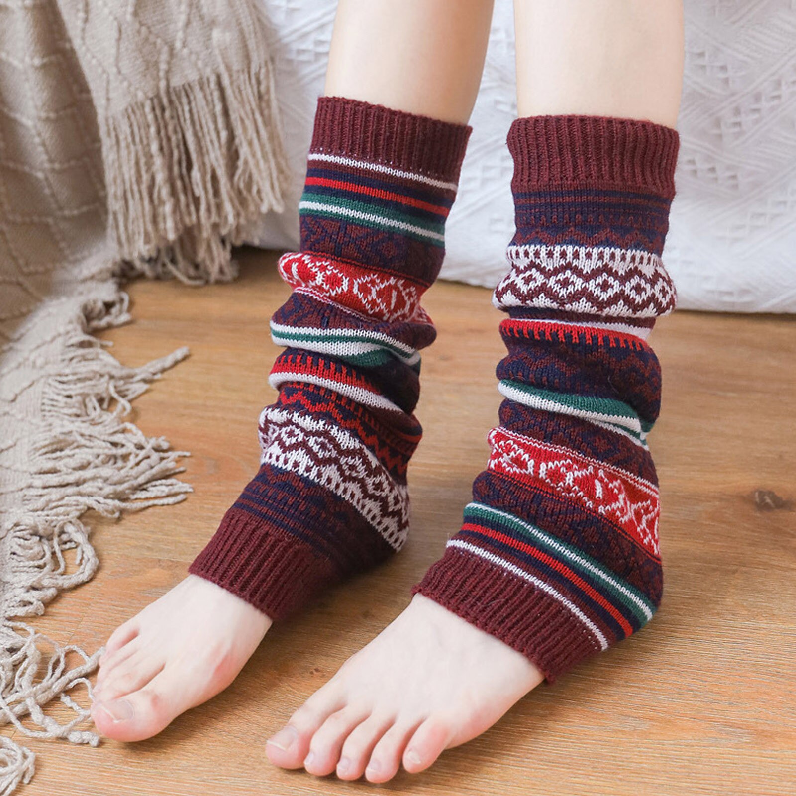 Womens Harajuku Retro Beenwarmers Mode Winter Gebreide Sokken Haak Gebreide Beenwarmers Vrouwelijke Legging Knie Hoge Sokken #3: Wine 