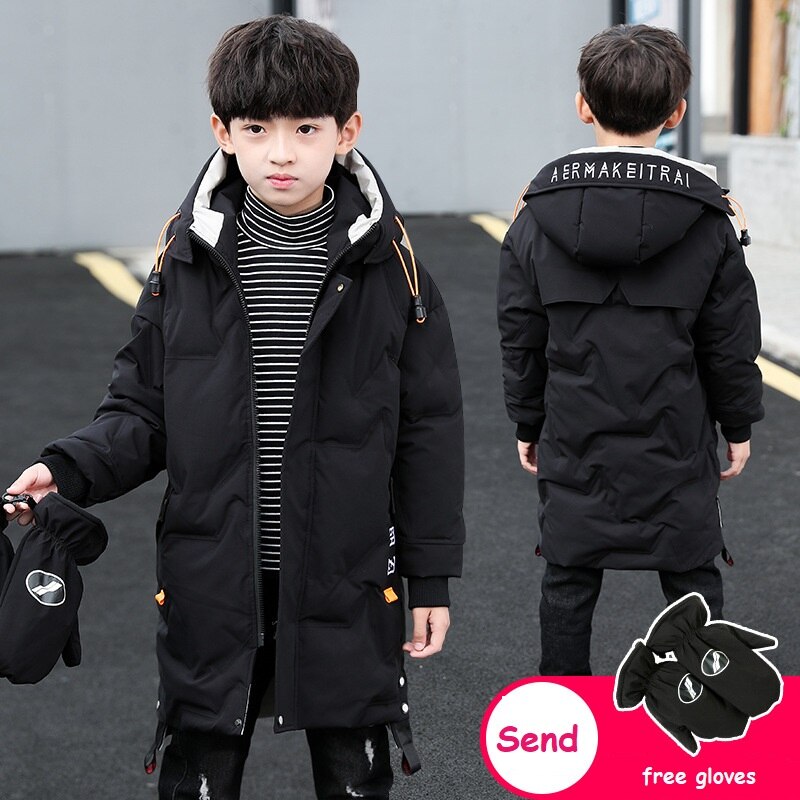Jungen Winter Mäntel freundlicher knapp Mittel-Lange Starke Warme Hoodie Jacke Winddicht Kleidung Freies Handschuhe Art Mantel: Schwarz / 160cm