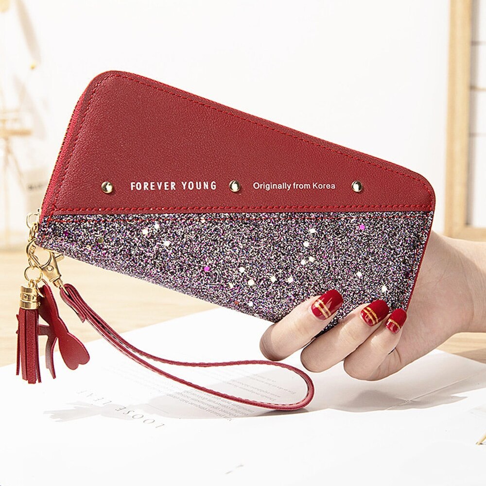 Sequined Patchwork Glitter Wallet for Women Long PU Leather Wallet Coin Purse Female Wallets Girls Wholeale: red