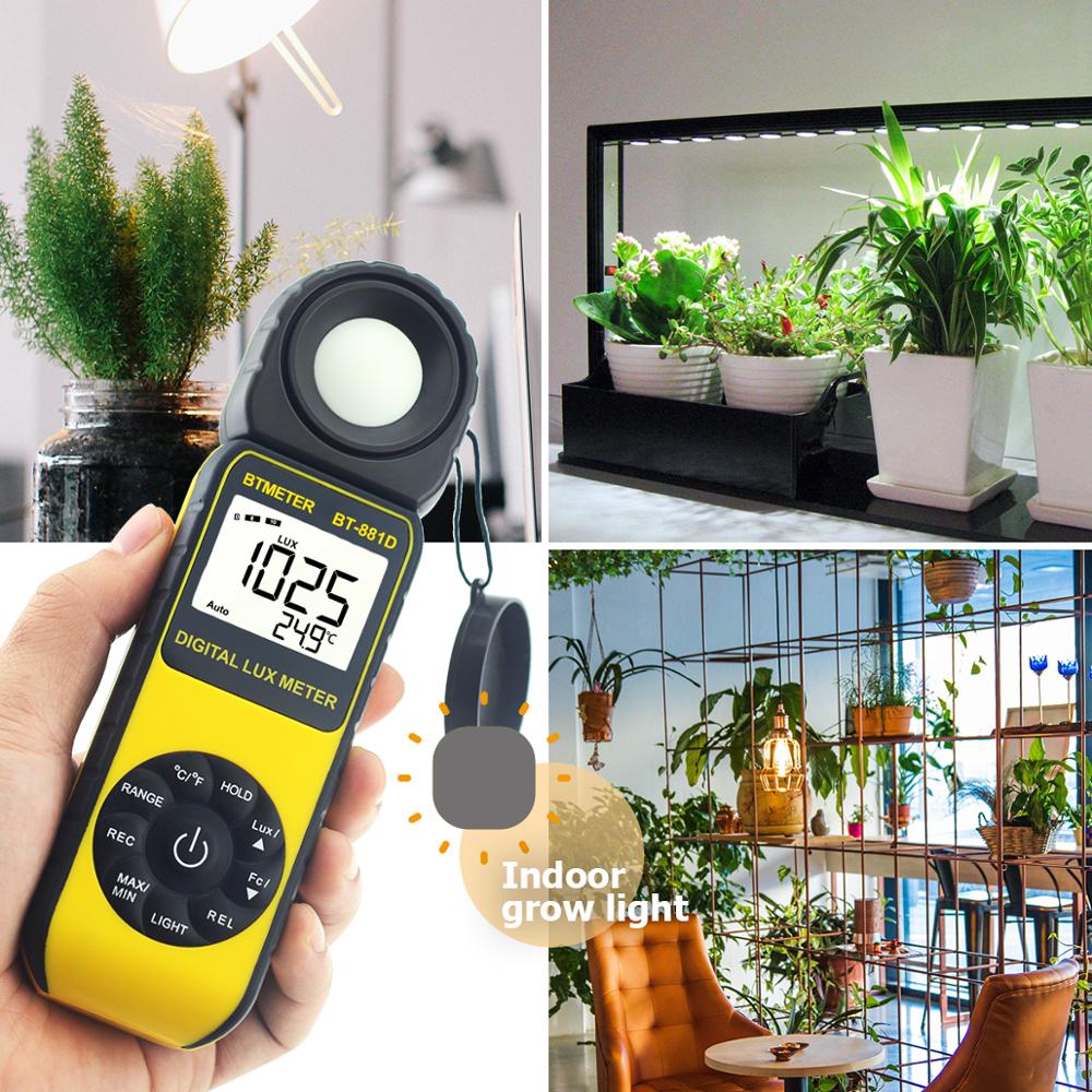 Btmeter digital luxmåler, lysmåler, mål 0.01 ~ 400,000 lux og temperatur med 270 º roteret sensor til planter