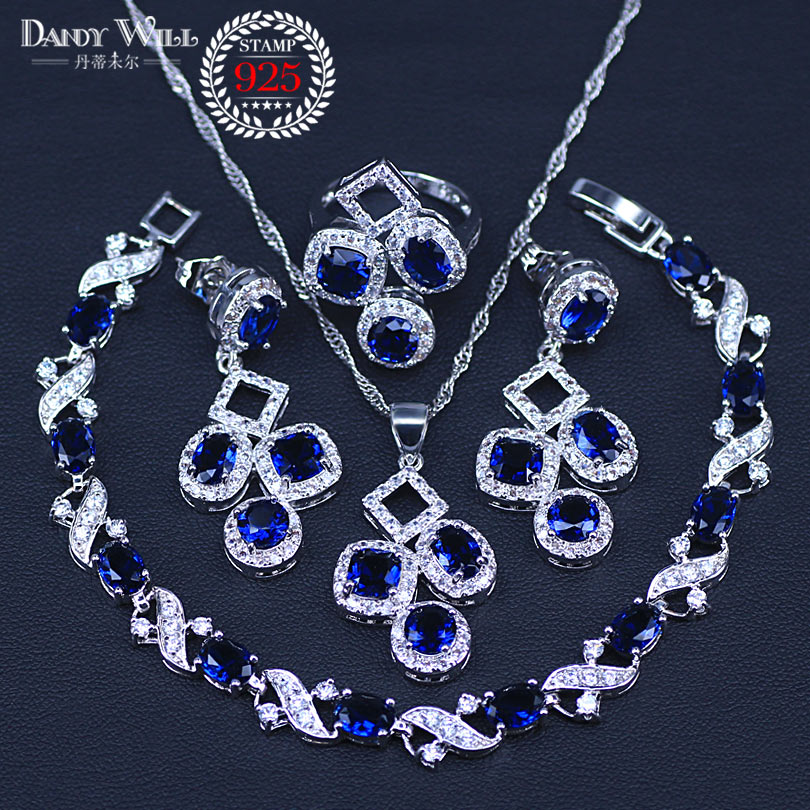 Zilveren bruidssieradensets met blauwe zirkonia, dameshangers en ketting, ring, oorbellen met natuursteen, armbanden en sieradendoos