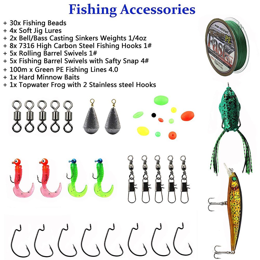 Fishing Rod and Reel Combos Full Kit Spinning Fishing Gear Bag with Line Fishhooks Lures Sinker Saltwater