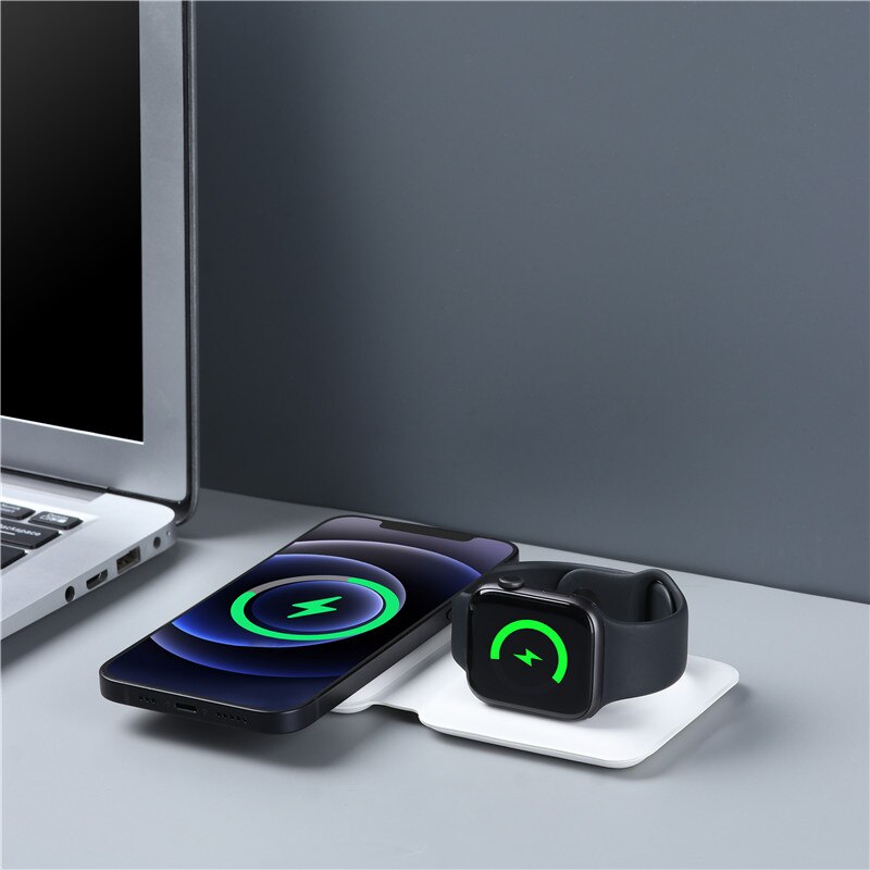 2 In 1 Magnetische Dual Charging Dock 15W Draadloze Oplader Voor Iphone 12 Pro Max Magsafe Apple Iwatch Airpods zwart Wit Vouwen