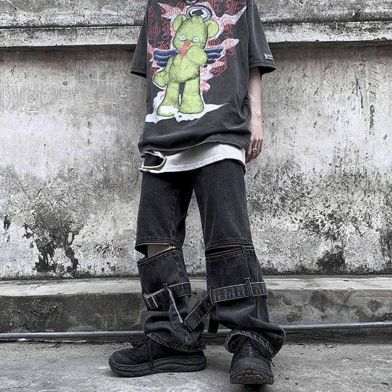 Style Detachable Zipper Ribbon Distressed Washed Wide-leg Jeans High Street Asian Style Hip Hop Trousers Loose Trend
