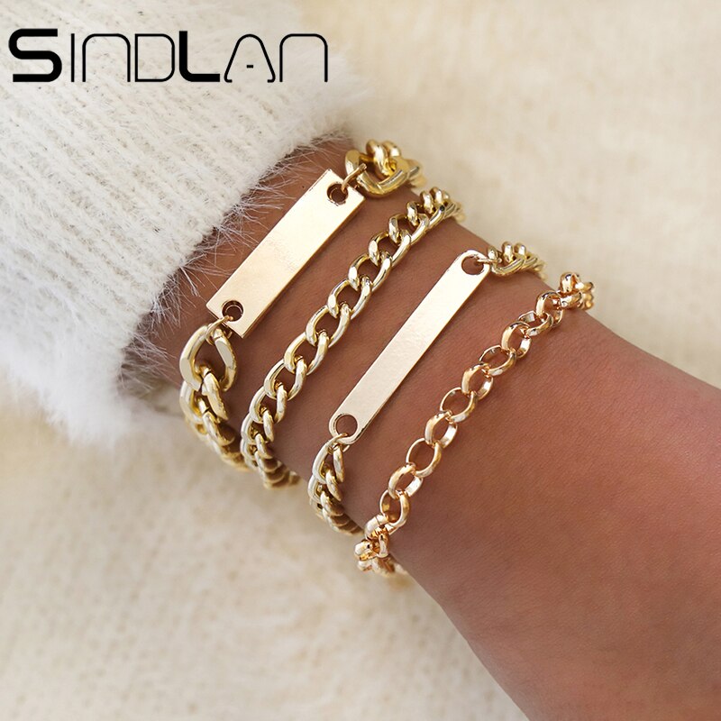 Geometric Simple Gold 6Pcs Couple Bracelet Set for Women Charm Easy Hook Full Crystal Exaggerated Female Hollow Wrist Jewelry