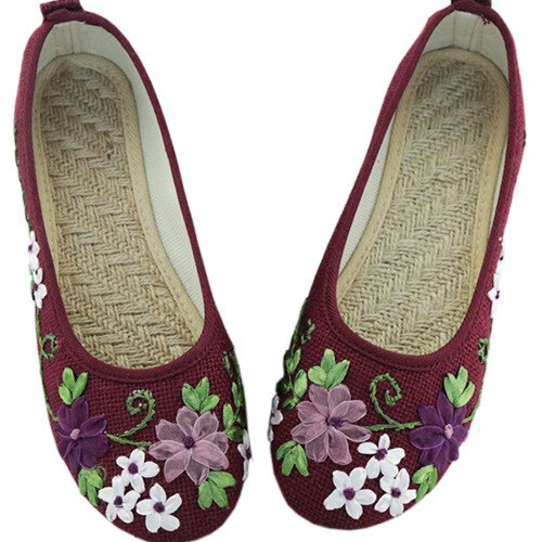 National Hemp Linen Women Flats Casual Shoes Ladies Flower Embroidered Shoes Mother Flat Shoes Female SNE-670: Purple Red / 5.5