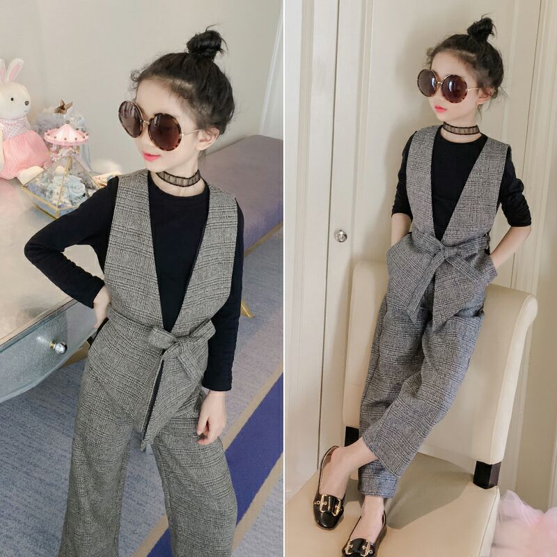 Traje de primavera para niñas, chaleco a cuadros, camiseta de manga larga, pantalones, conjuntos de 3 piezas, ropa escolar para adolescentes, chaqueta