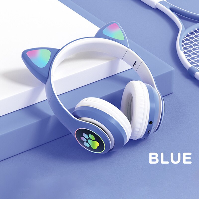 Flashing LED Cute Cat Wireless Headphones with Microphone Women HiFi Stereo RGB Music Phone Bluetooth Headset: blue