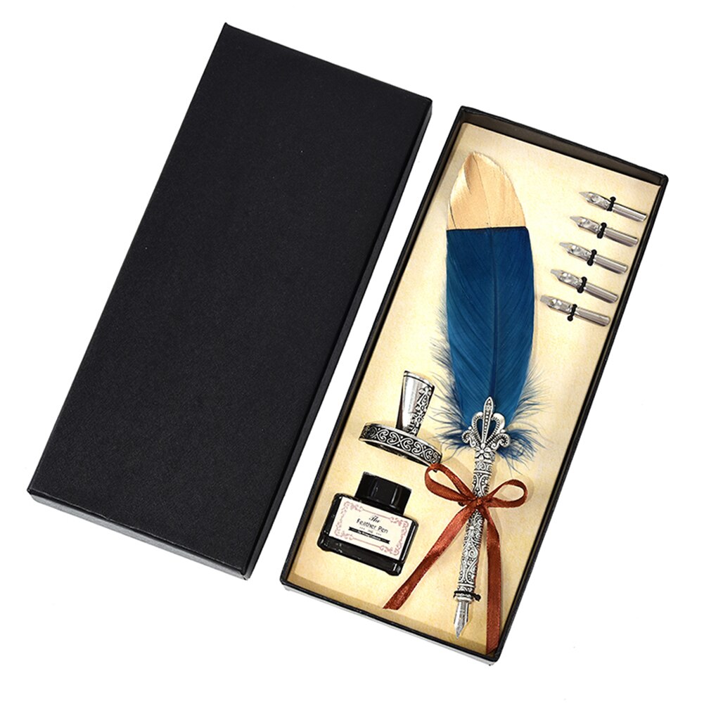 1 Juego de pluma de caligrafía Vintage, conjunto de pluma de inmersión con 5 pluma de escribir de tinta, pluma estilográfica, papelería estilo Retro, creativos de boda: Azul oscuro