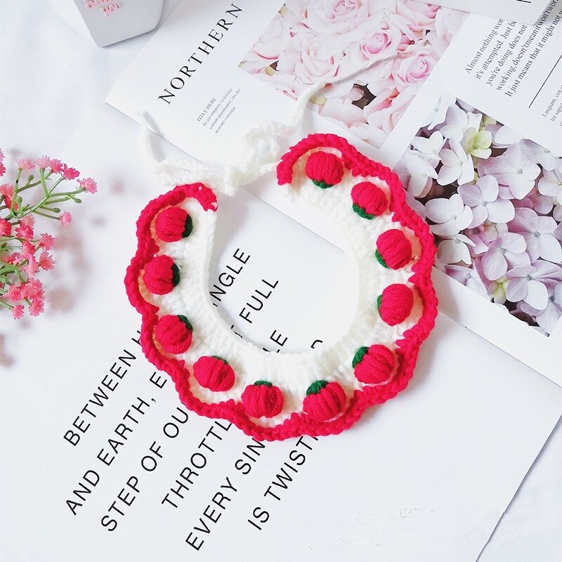 Strawberry Crochet Cat Collar Woolen Dog Bandana Bowknot Pet Necklace Manual Kitty Scarf Cute Cat Accessories Yorkie Chihuahua: 3 / L-Length 30-35cm