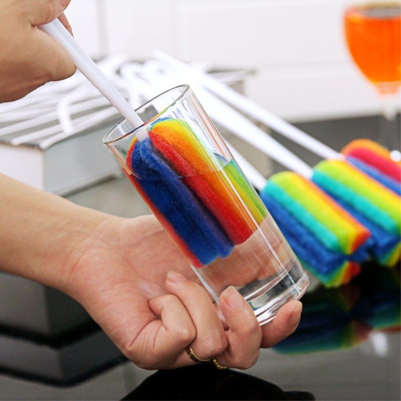 Spazzola in spugna arcobaleno per neonato, bottiglia d'acqua, tazza, tazza, spugna per lavaggio vetro, spugna per pulizia, con manico, utensili per la pulizia