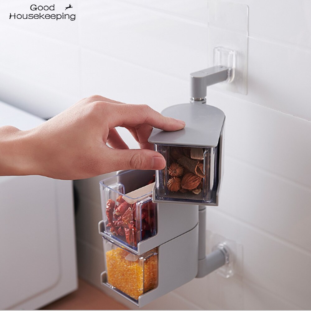Multi-Tier 360 Degree Rotating Wall Mount Spice Rack Seasoning Storage Box Jars Organizer Condiment Containers Kitchen Tools