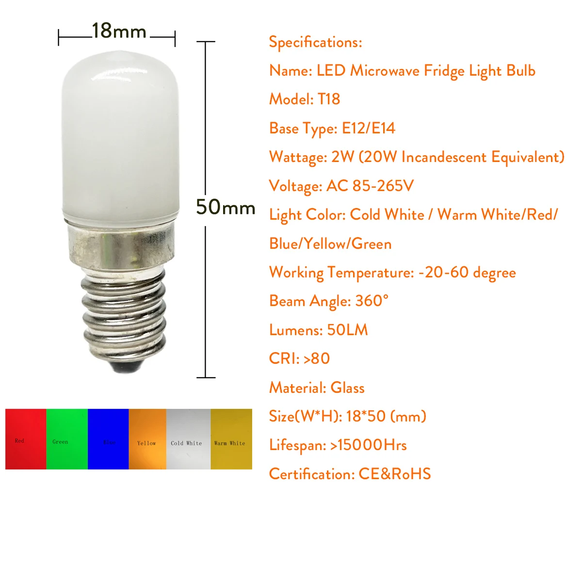1 pièces coloré T18 Mini E14 E12 LED ampoule réfrigérateur lumière 2W rouge vert bleu jaune blanc froid lampe AC 85-265V pour congélateur