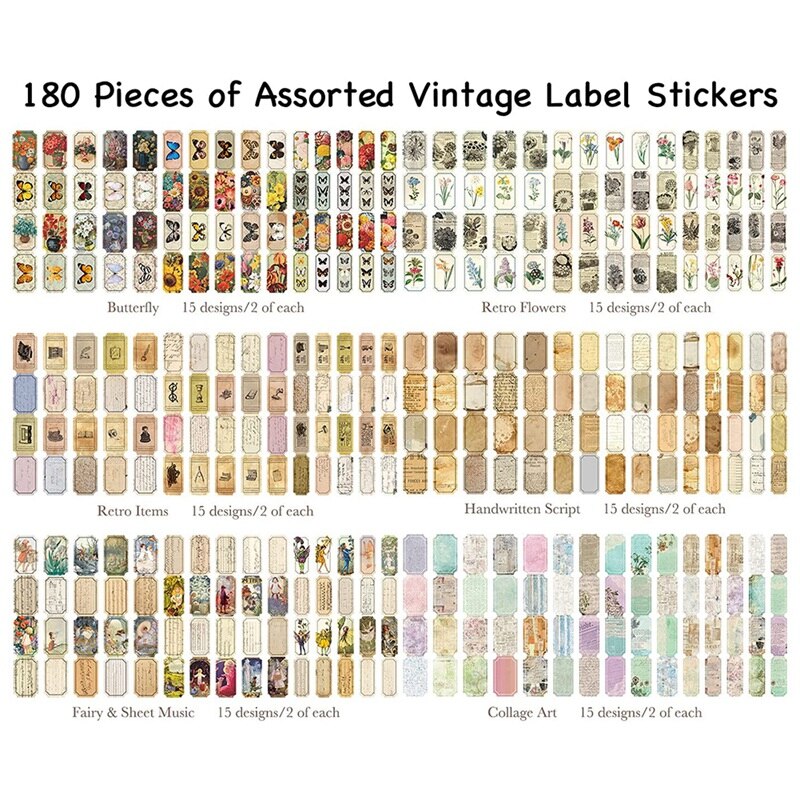 Vintage Style Label Stickers Set (180 Pcs), Art Journaling Scrapbooking Planner Junk Journal DIY Craft Supplies