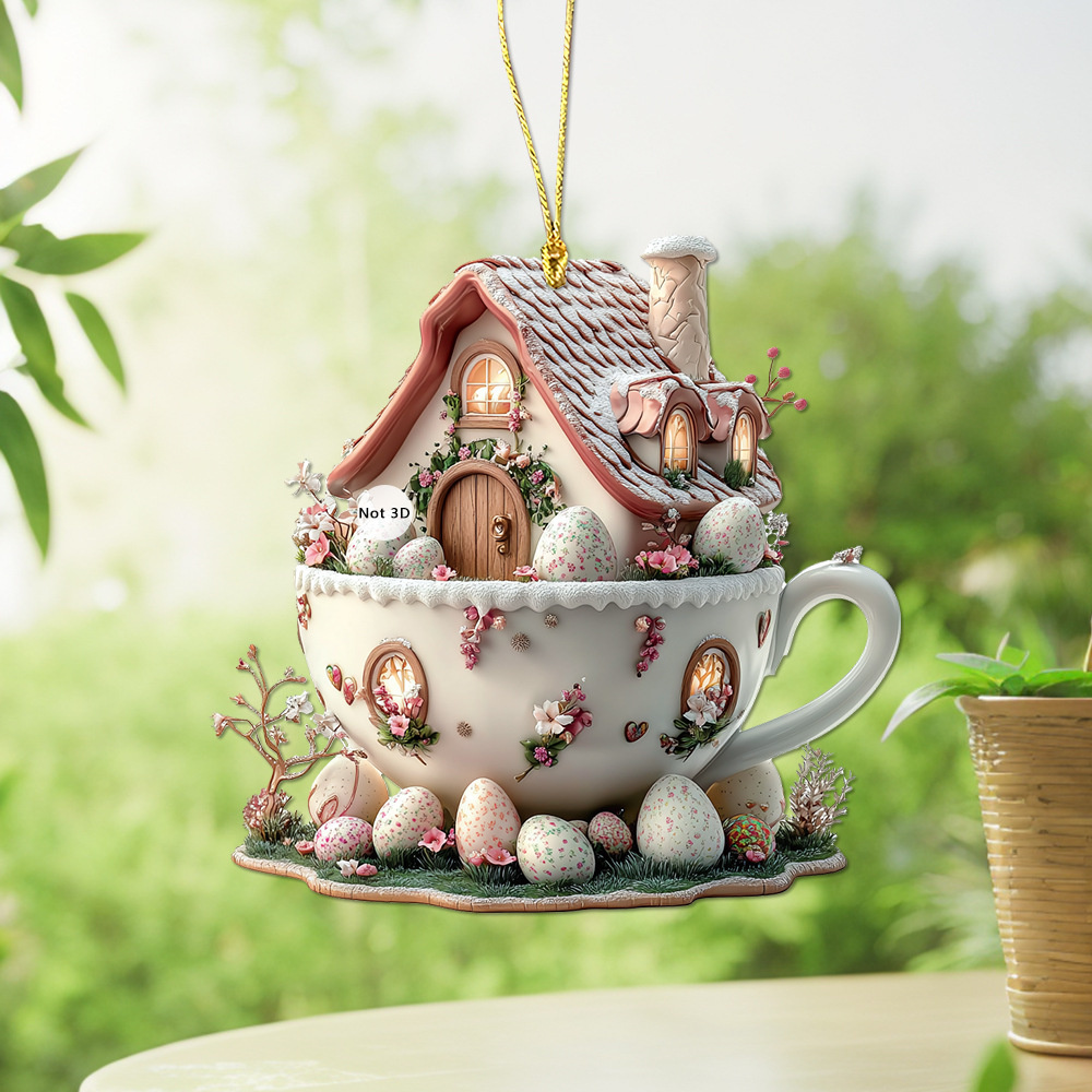 Adornos de taza de café de Pascua, casa de huevos de conejito de dibujos animados, tazas de café decorativas, adornos acrílicos 2D, suministros para de primavera 2025,: Caqui oscuro