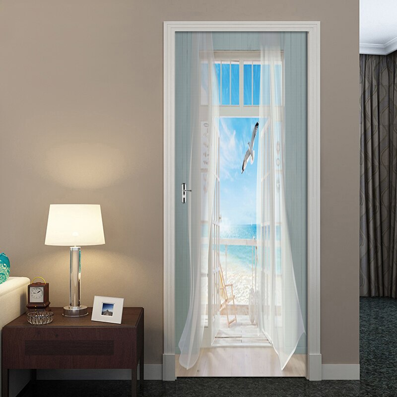 Removable Door Stickers European 3D Scenery By The Sea Waterproof Living Room Bedroom Door 3D Wallpaper Self Adhesive Wall Decal