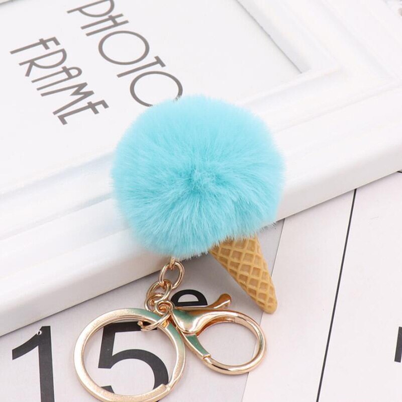 Cute ice cream Keychain Glitter Pompom Key Chain for Women Llaveros Mujer Car Bag Accessories Key Ring Wedding Souvenir: Mint Green