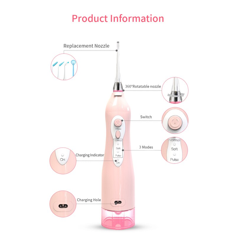 255ml Oral Irrigator USB Recharge Portable Water Flosser 3 Modes Teeth Washing Machine Brush 60-90psi Dental Water Jet