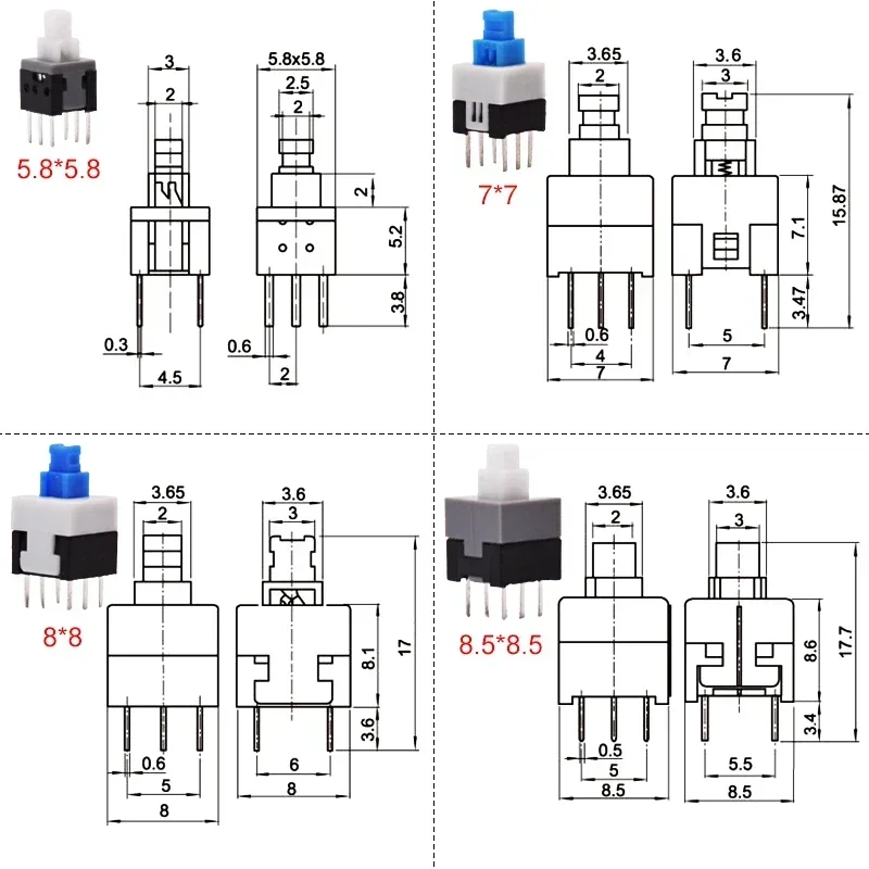 10 Uds PCB tacto Micro Mini botón de enganche encendido apagado interruptor de bloqueo automático DIP tapa de 6 pines 5,8*5,8/7*7/8*8/8,5*8,5mm