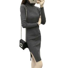 Herfst Winter Vrouwen Gebreide Lange Mouwen Split Coltrui Jurken Slim Bodycon Schede Gebreide Jurk Vestidos SF859