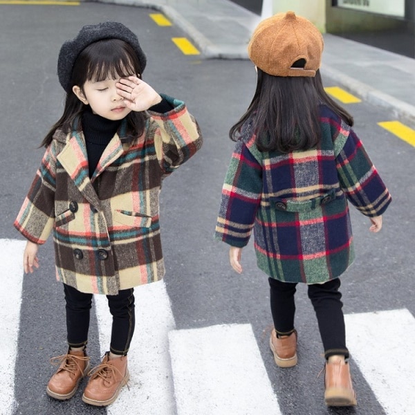 Meisjes wollen overjas herfstoutfit meisjes 1-5 jaar koreaanse versie katoenen sandwich lange warme geruite wollen jas