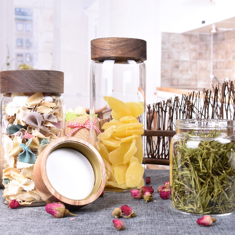 Botella de vidrio con tapa de madera con tornillo, recipiente pequeño para almacenamiento de alimentos, cereales, cocina, organizador de contenedores