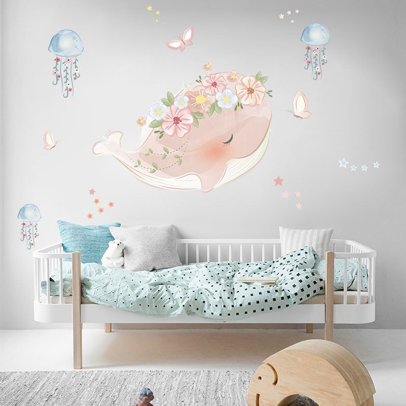Sød lyserød hval krans vandmænd væg klistermærke børneværelser soveværelse stue dekorationer vægmaleri til boligindretning klistermærker tapet