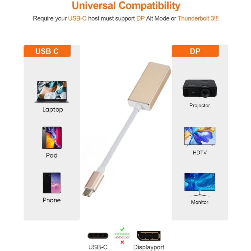 Adaptador USB-C a Mini DP Cable tipo c a DP Cable convertidor USB tipo C a DisplayPort Plug and Play para MacBook Air MacBook Pro