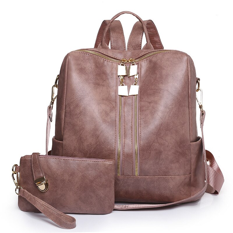 DIDA BEAR-Mochila de cuero para mujer, morral escolar grande, de viaje, Color caramelo con monedero: Rosa