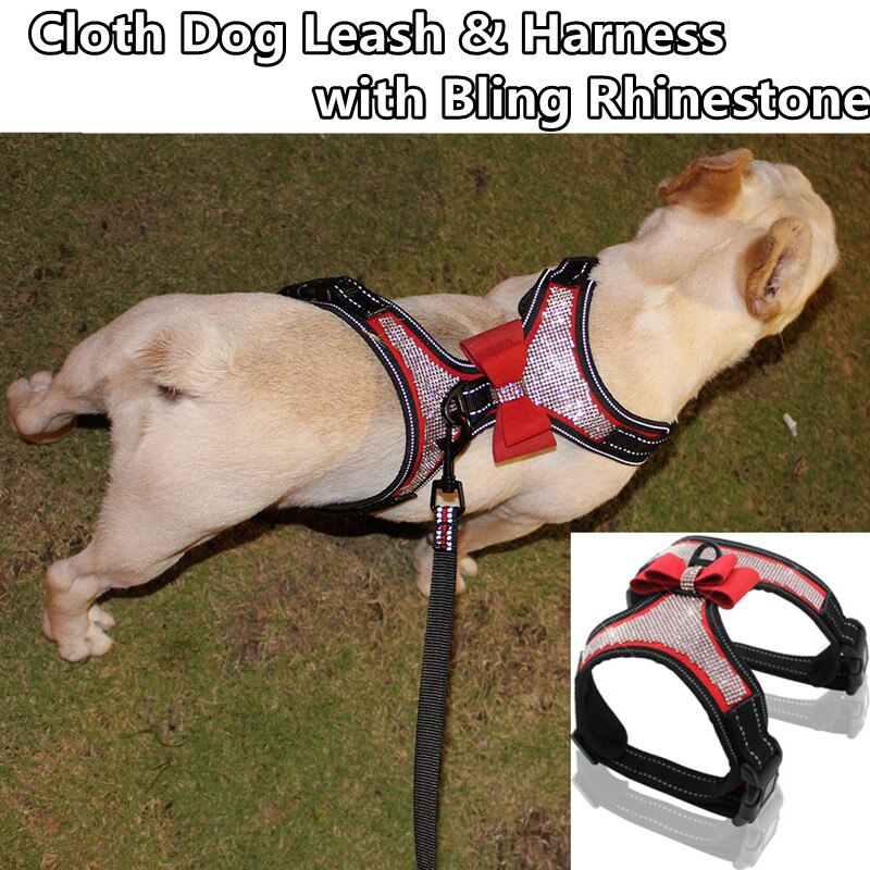 Cloth Dog Leash & Harness Set with Bling Rhinestone Adjustable Puppy Bow Harness 120*2cm Traction Rope Jogging/Walking Tools