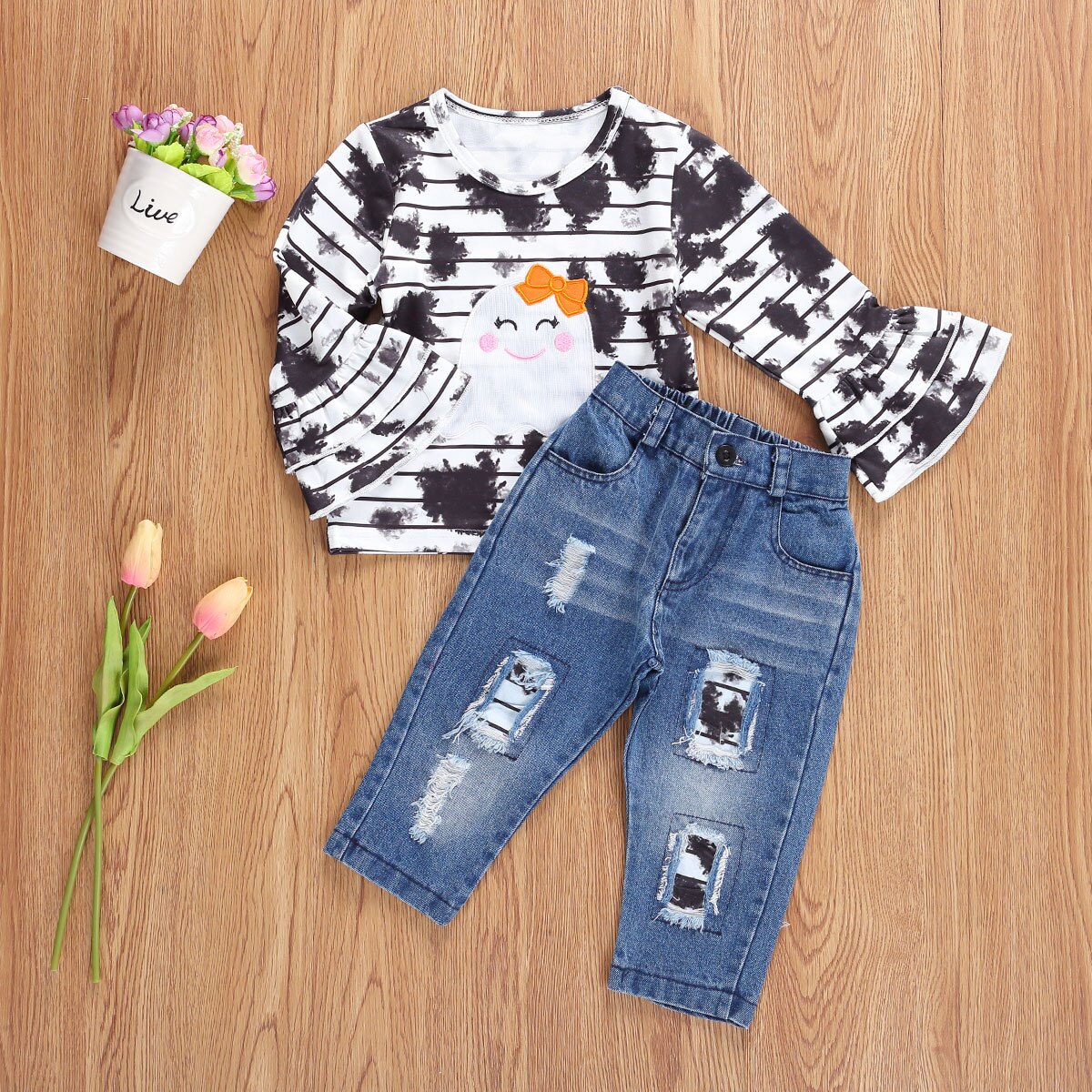 Spädbarn barn baby flicka halloween kläder set långärmade byxor kostym rand blommande tie dye t-shirt elastiska slitna jeans