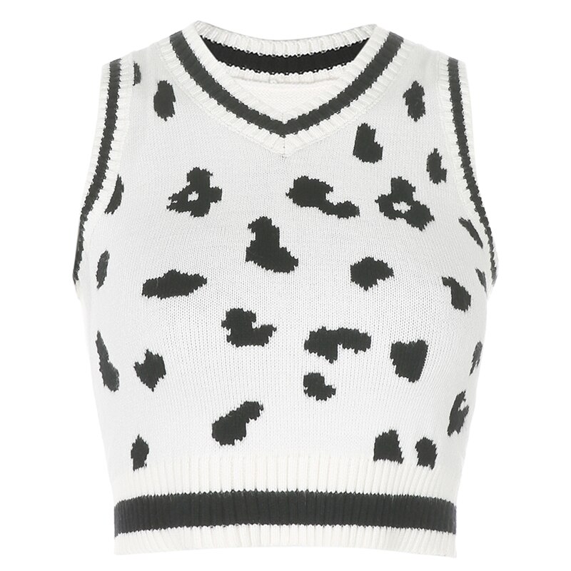 Rapcopter Y2K Sweaters V Neck Pullovers Cow Print Knitwear Sleeveless Tank Tops E-Girl Outfits Autumn Winter Women Tops Sweater