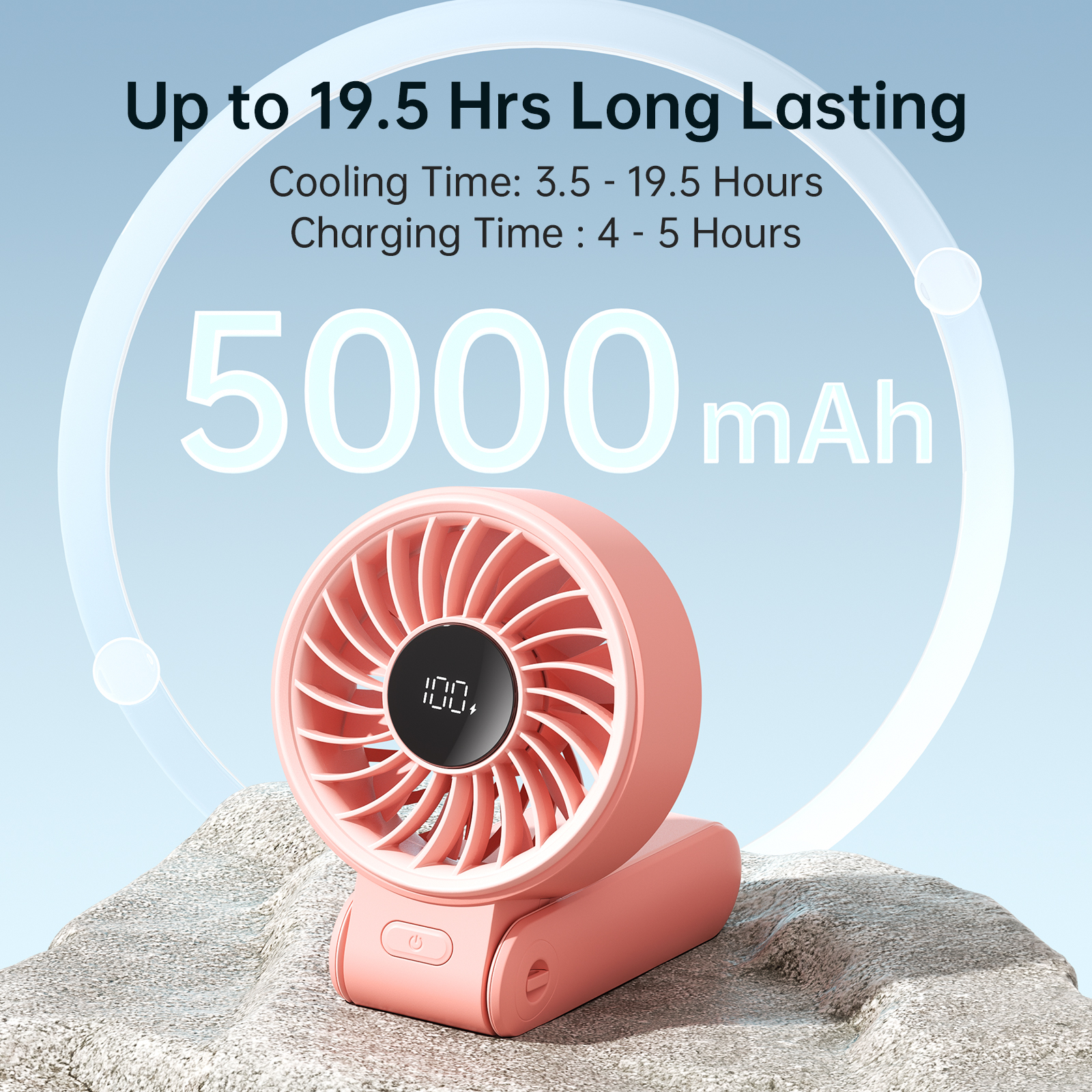 JISULIFE Ventilador portátil de mano con pantalla LED, 5 velocidades, 5000 mAh, 150 ° Ventilador personal multifunción plegado, 3 en 1 de mano/escritorio/cuello: Gris claro