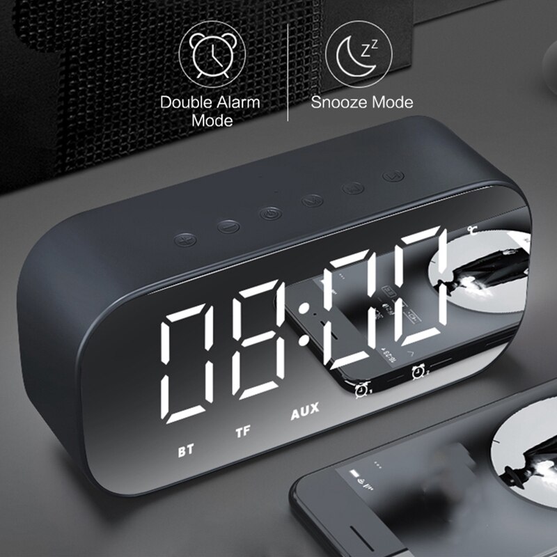 Altavoz Bluetooth con Radio FM Despertador con efecto espejo y luz LED reloj Subwoofer reproductor de música despertador reloj de escritorio inalámbrico