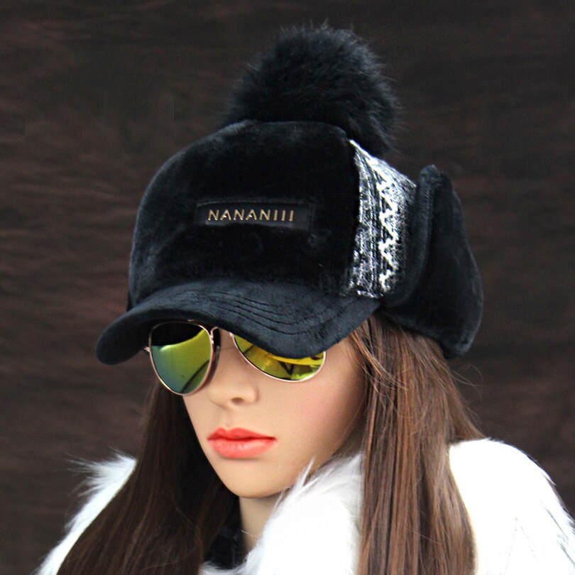 Winter Faux Cashmere Bomber Hat Women Earflap Caps Faux Fur Pompom Snow Hats Adjustable Bohemian Russian Ushanka: Black