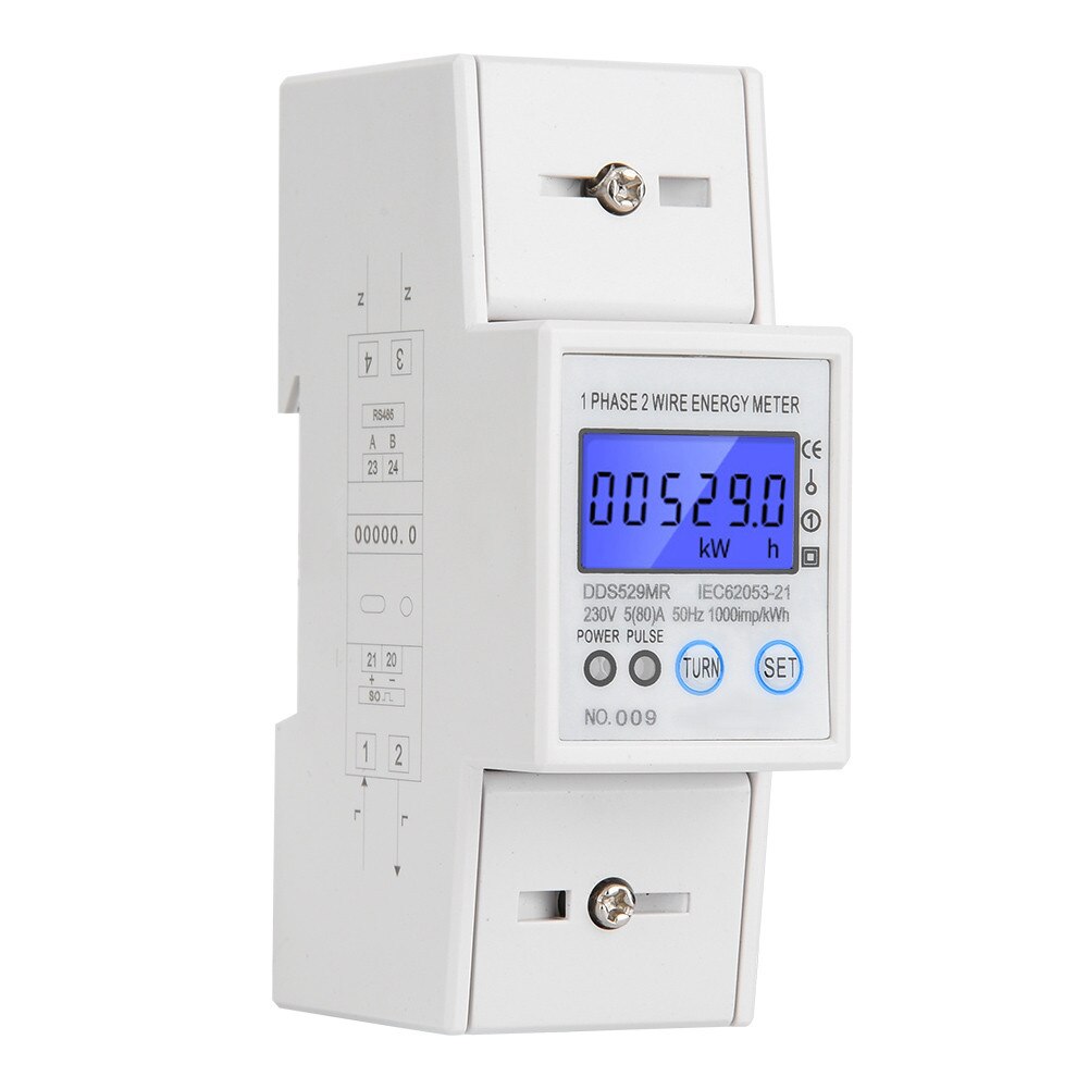 DDS529MR 1 Phase 2 Wire Electric Energy Meter LCD Digital Display 230V 2P DIN Rail Power Meter with RS485