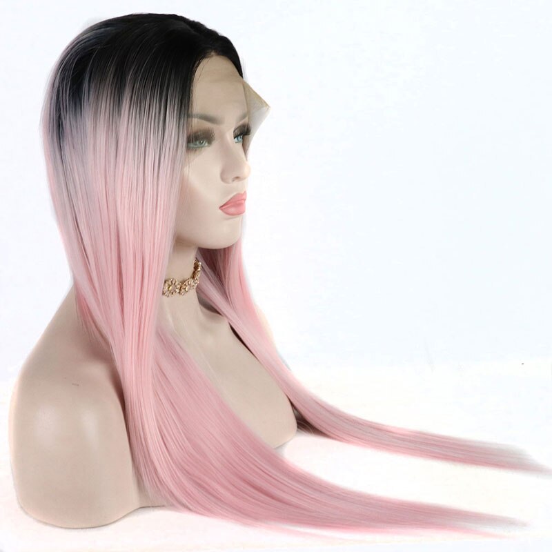 Bombshell sort ombre pink lige syntetisk blonde front paryk varmebestandigt fiber hår naturlig hårgrænse midterskilning til kvinder