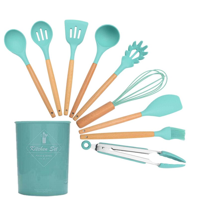 Ustensiles De cuisine en Silicone, ustensiles De cuisine résistants à la chaleur, antiadhésifs, ustensiles De cuisine: Tiffany Green-9Pcs-B