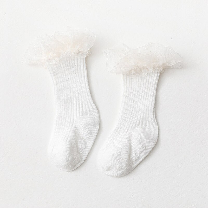 Chaussettes en dentelle à volants pour -né, mignonnes, de couleur unie, antidérapantes, pour bébé fille, pour enfant en bas âge, collection printemps et automne: white / 0-6M