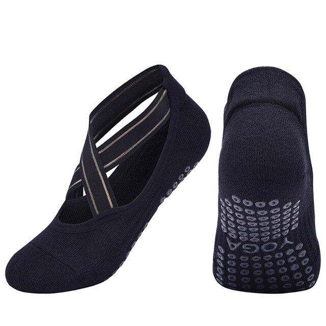 Calcetines de Yoga antideslizantes para mujer, medias de vendaje de algodón con empuñaduras y correas perfectas para Pilates, Barre puro, Ballet, baile, descalzos, entrenamiento: Black